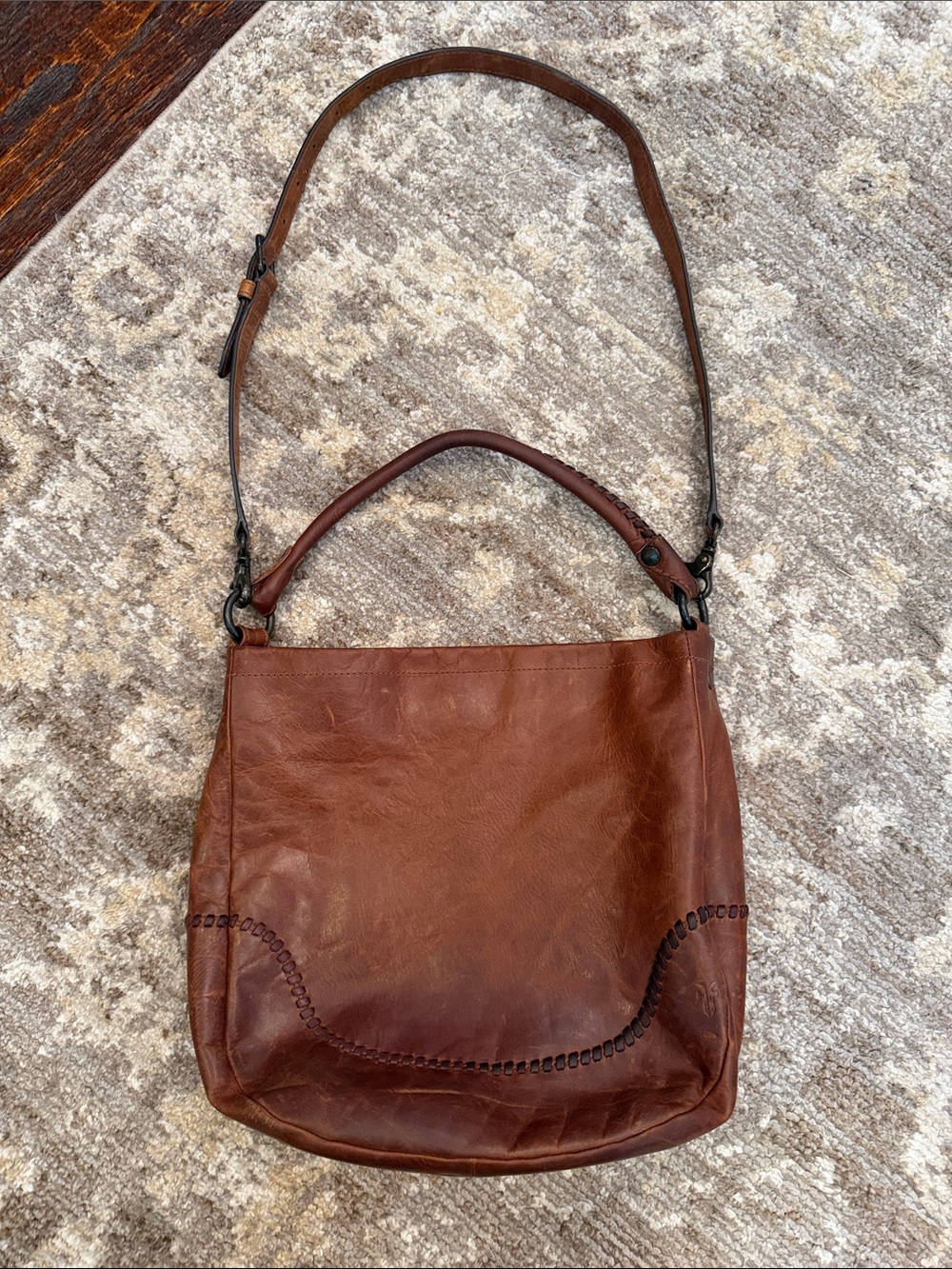 Frye Brown Leather Whipstitch Shoulder Bag with Adjustable Strap